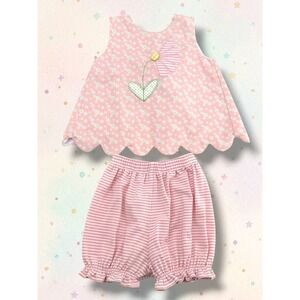 TRUE Daisy Floral Applique Scalloped Top and Striped Bloomers Set 18M